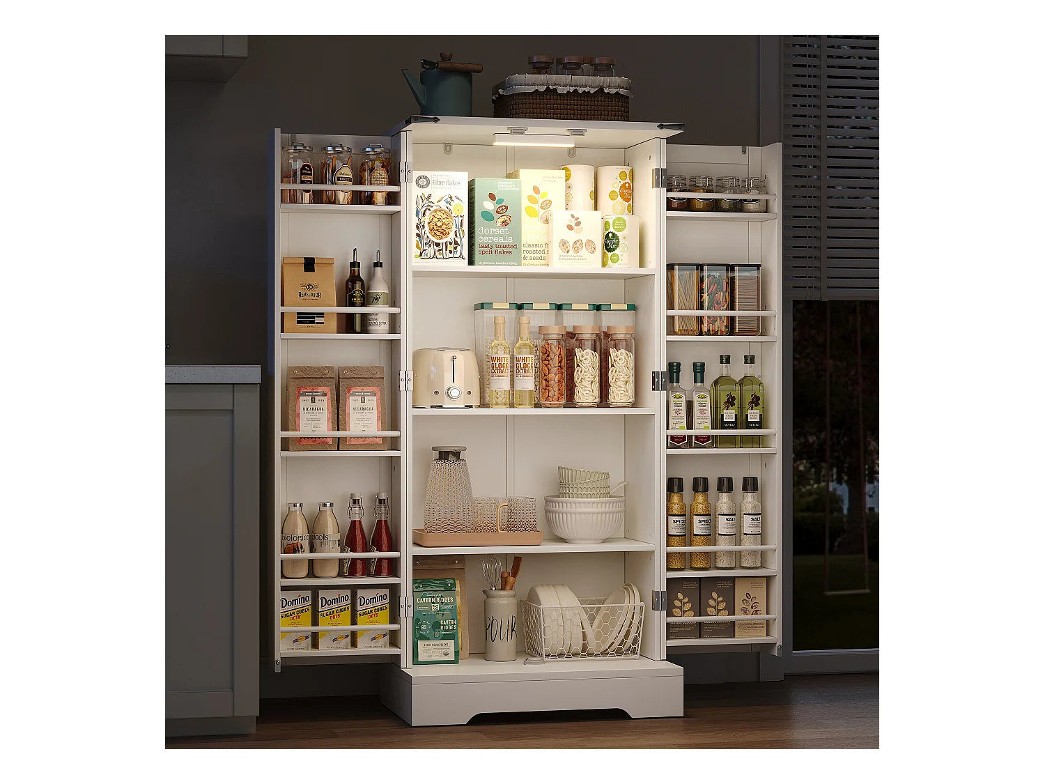 Buffet de cuisine 60x35x128.5cm - avec LED - 2 portes avec étagères - Blanc