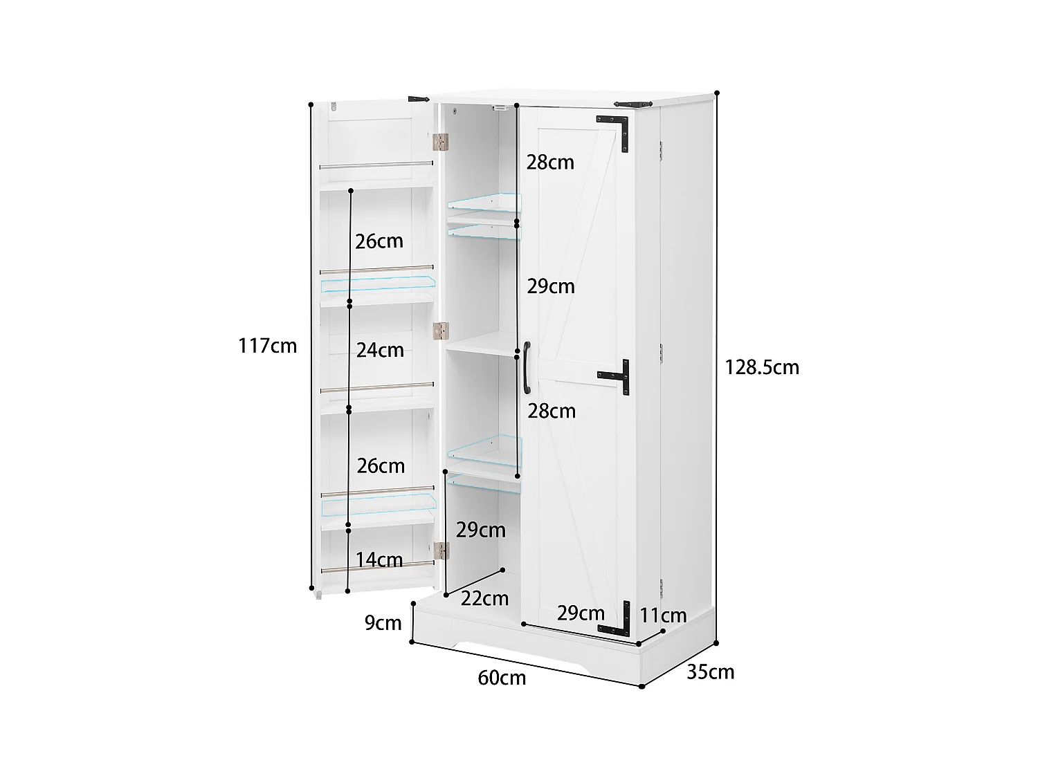 Buffet de cuisine 60x35x128.5cm - avec LED - 2 portes avec étagères - Blanc