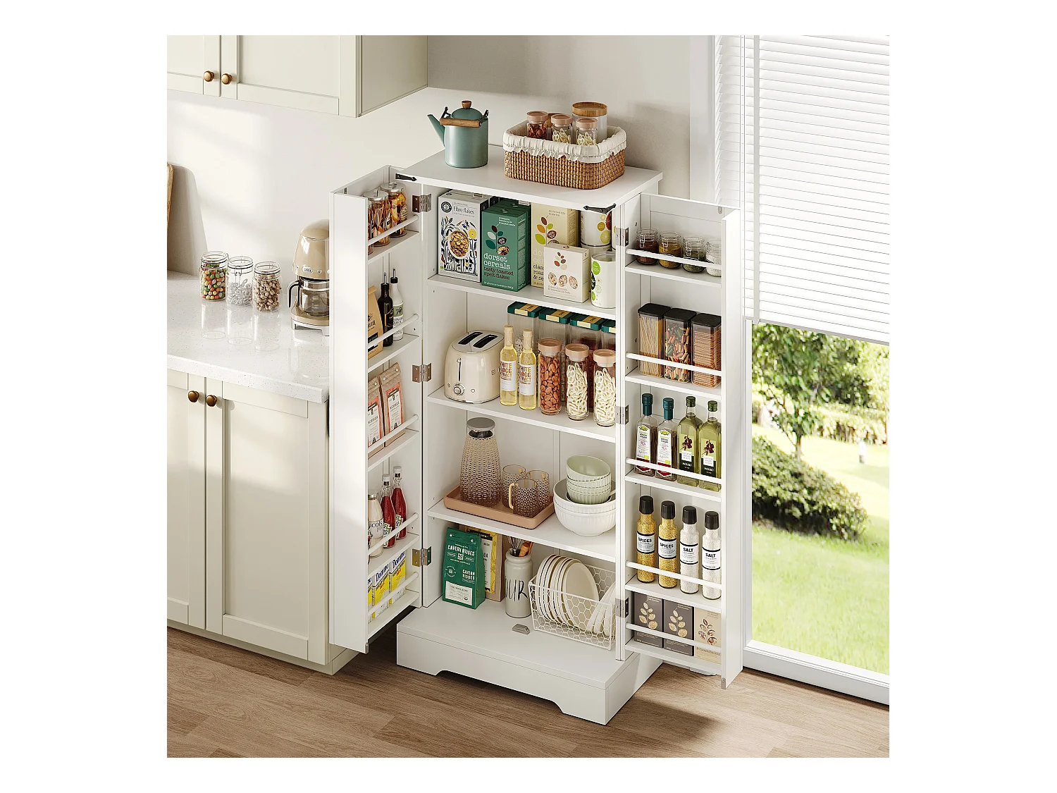 Buffet de cuisine 60x35x128.5cm - avec LED - 2 portes avec étagères - Blanc