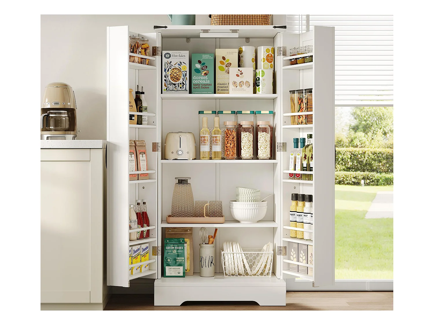 Buffet de cuisine 60x35x128.5cm - avec LED - 2 portes avec étagères - Blanc