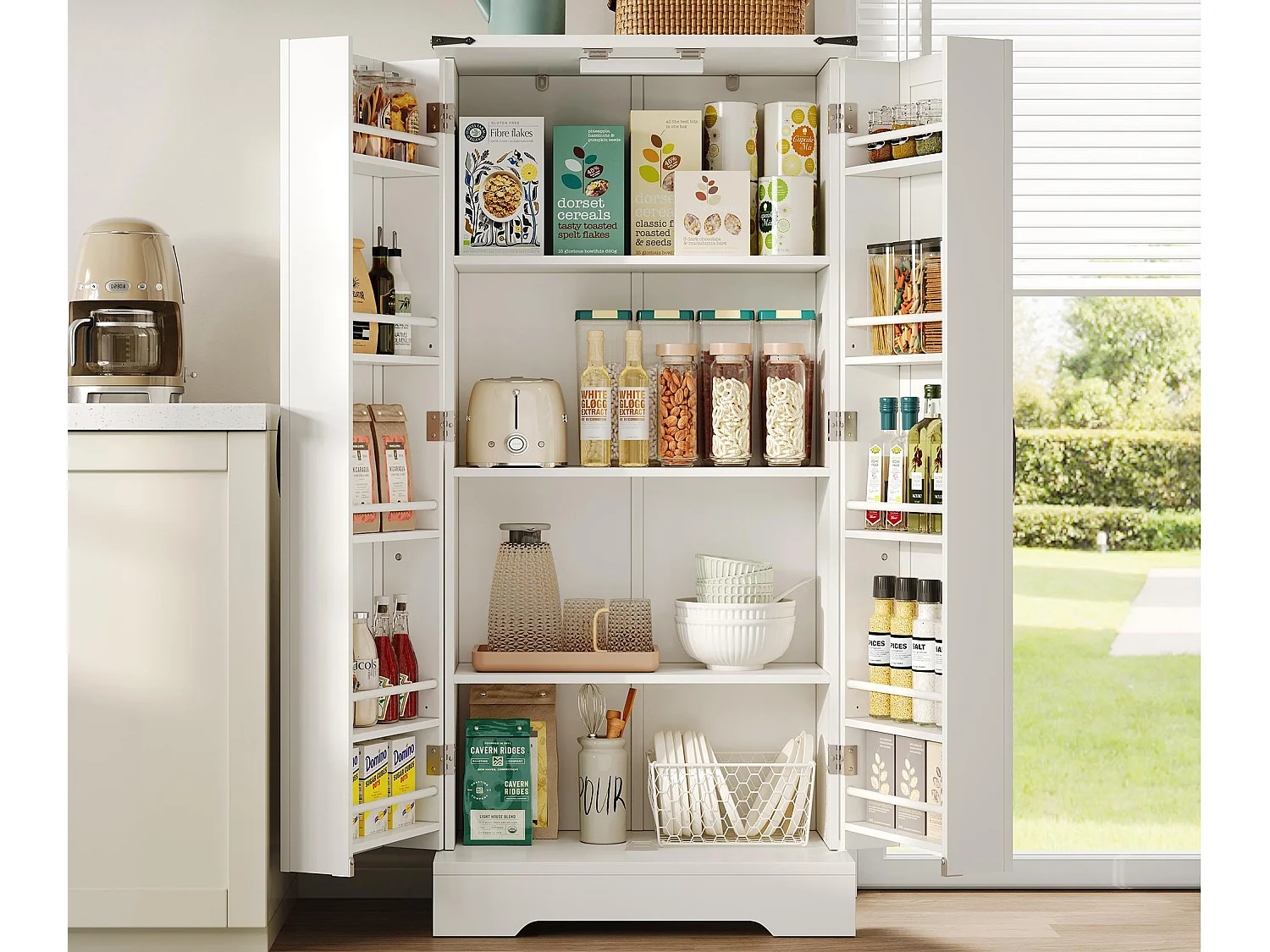 Buffet de cuisine 60x35x128.5cm - avec LED - 2 portes avec étagères - Blanc