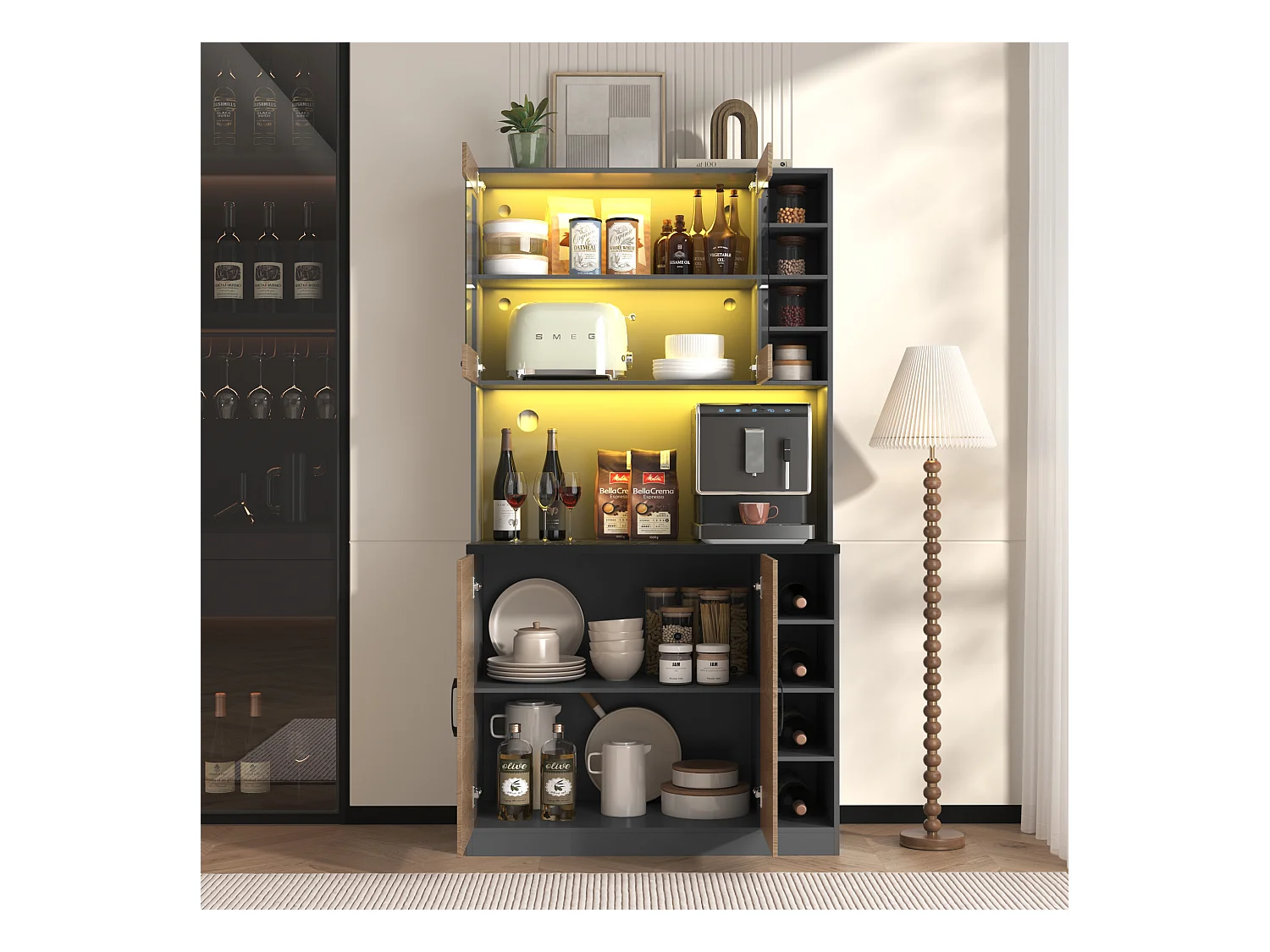 Buffet de cuisine 100x47x187cm - avec LED - 2 portes - Naturel+Noir