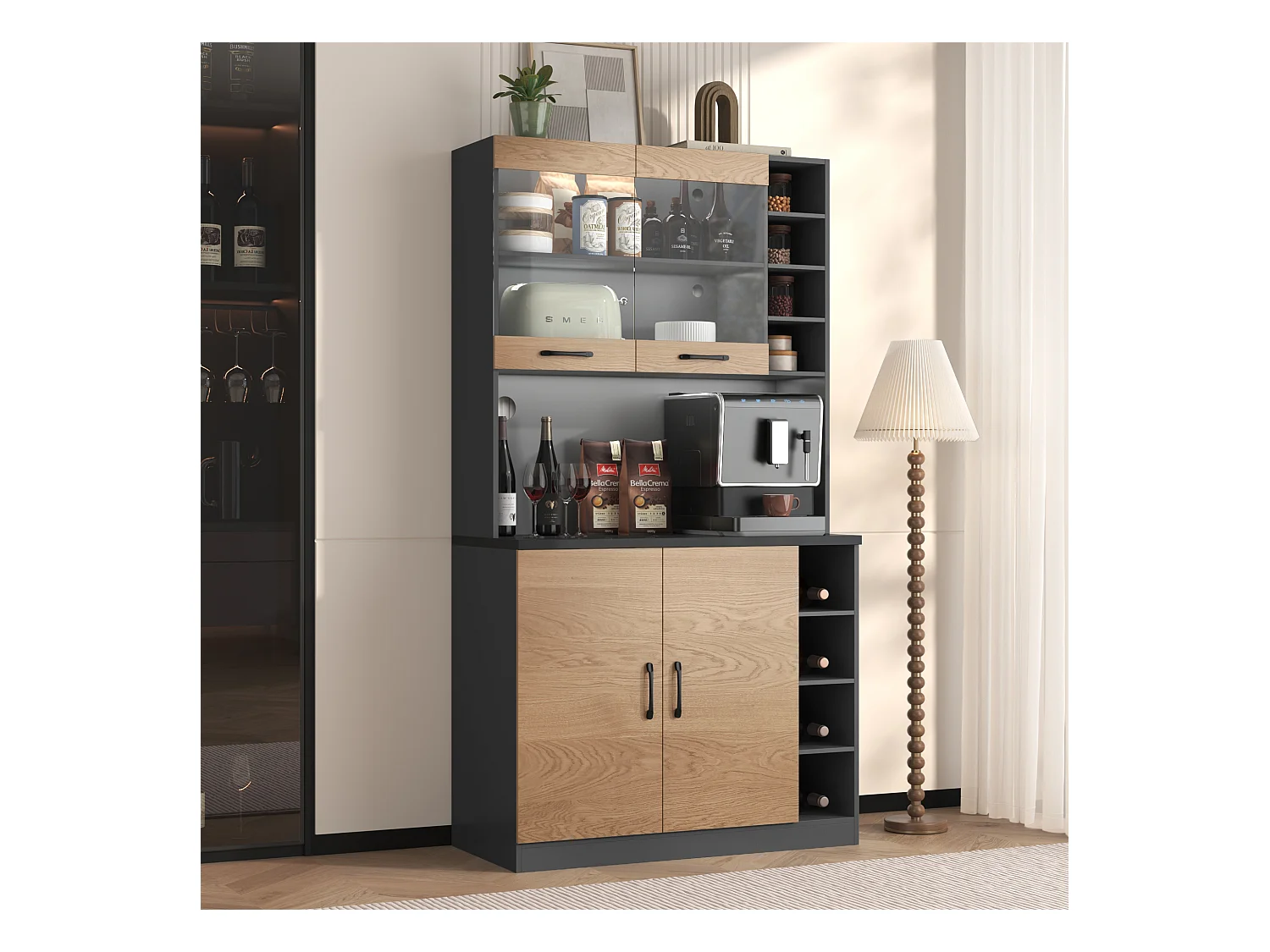 Buffet de cuisine 100x47x187cm - avec LED - 2 portes - Naturel+Noir