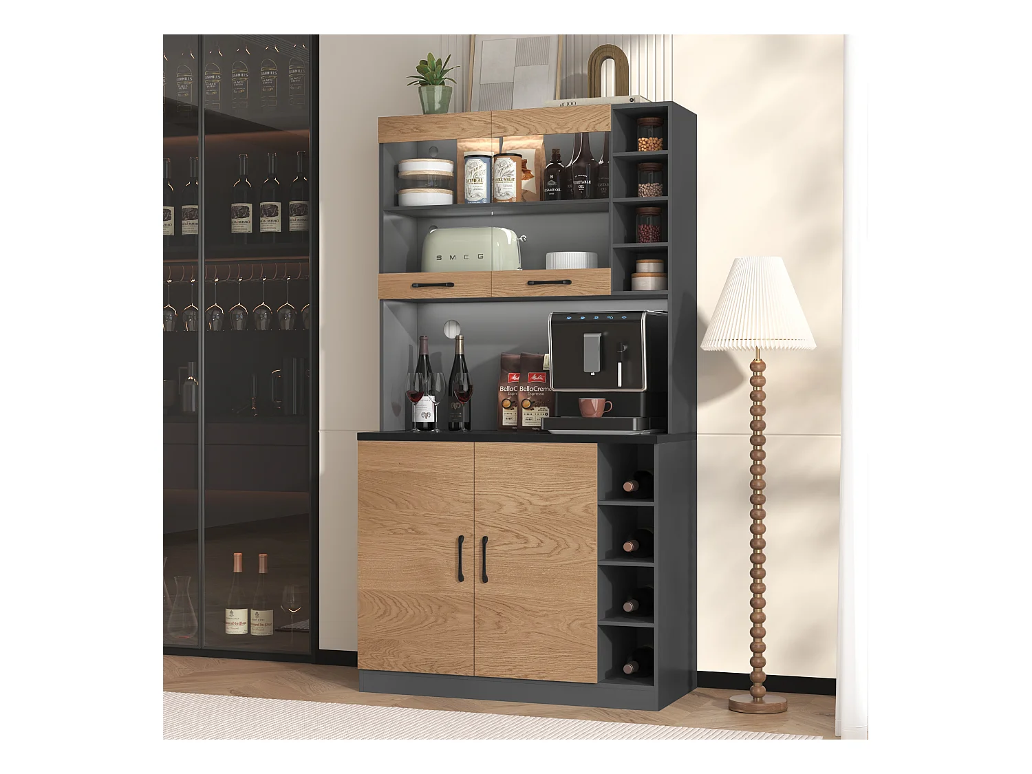 Buffet de cuisine 100x47x187cm - avec LED - 2 portes - Naturel+Noir