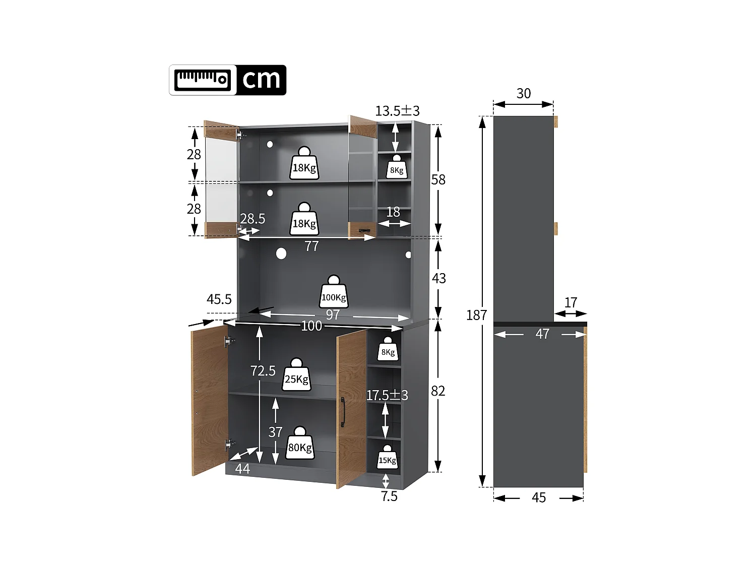 Buffet de cuisine 100x47x187cm - avec LED - 2 portes - Naturel+Noir