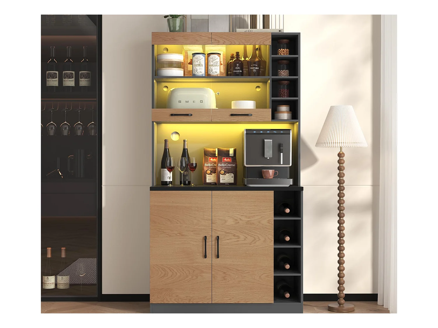 Buffet de cuisine 100x47x187cm - avec LED - 2 portes - Naturel+Noir