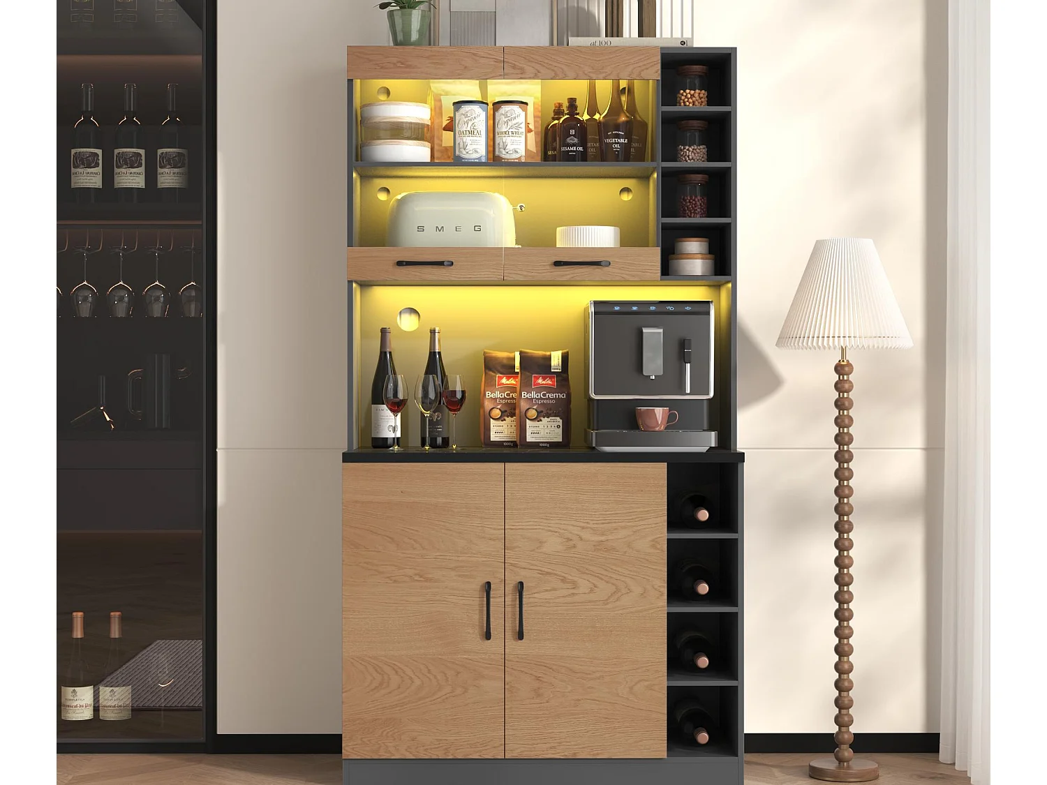 Buffet de cuisine 100x47x187cm - avec LED - 2 portes - Naturel+Noir