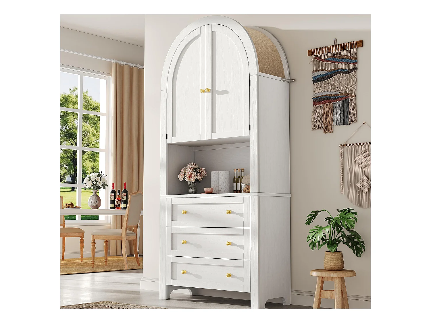 Buffet de cuisine 70x35x180cm - 2 portes et 3 tiroirs - sommet arqué - Blanc