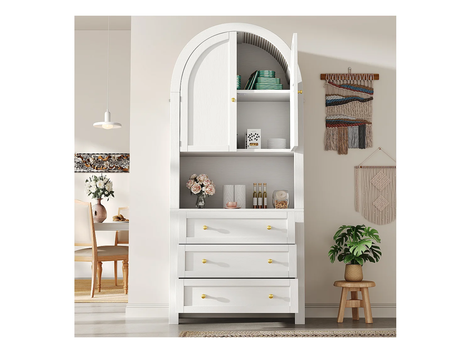 Küchenbuffet 70x35x180 cm - 2 Türen und 3 Schubladen - gewölbte Arbeitsplatte - Weiß