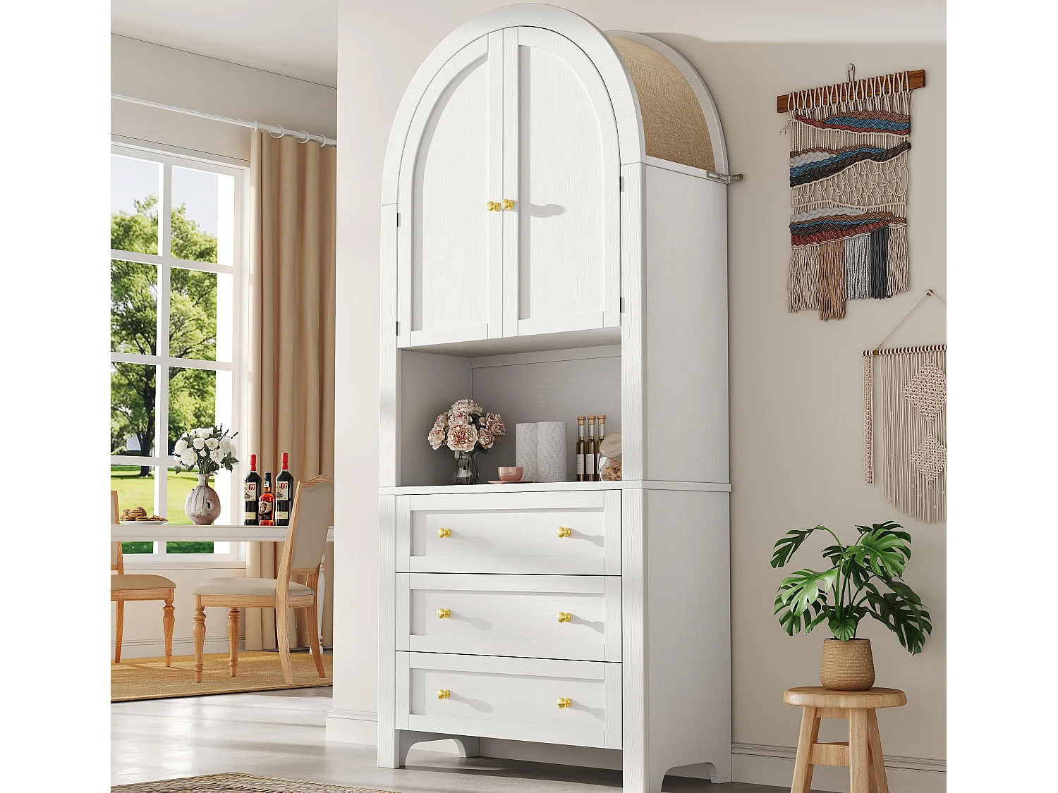 Buffet de cuisine 70x35x180cm - 2 portes et 3 tiroirs - sommet arqué - Blanc