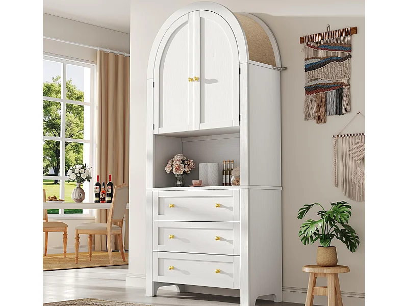 Buffet de cuisine 70x35x180cm - 2 portes et 3 tiroirs - sommet arqué - Blanc