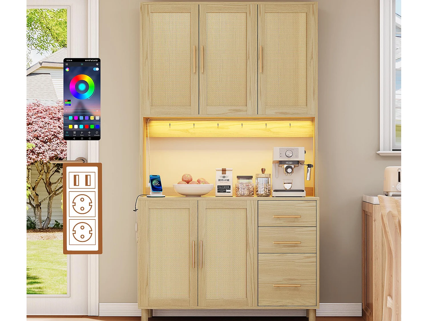 Buffet de cuisine 100x40x183cm - avec USB et prise - avec LED - 5 portes et 3 tiroirs - Naturel