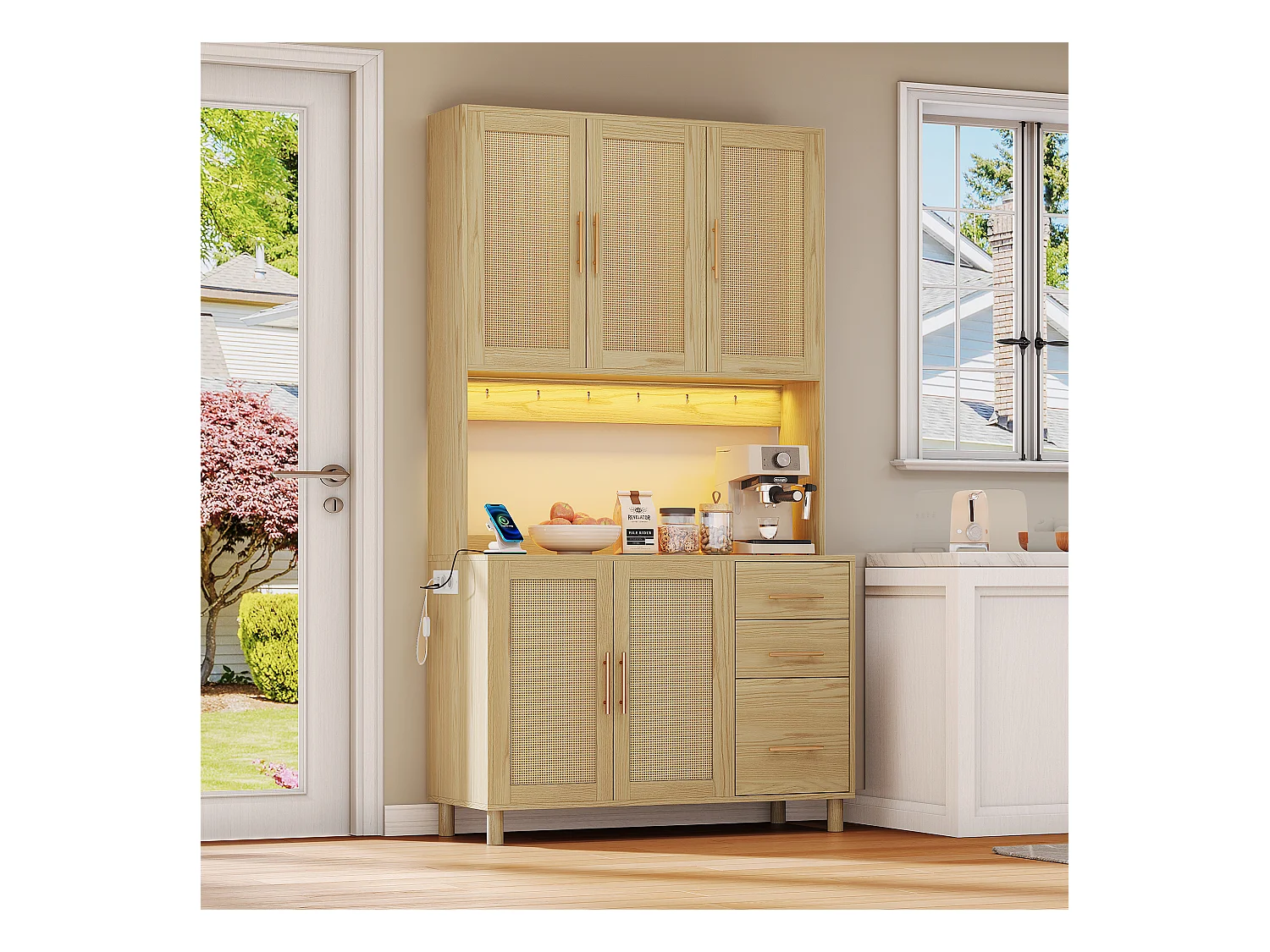 Buffet de cuisine 100x40x183cm - avec USB et prise - avec LED - 5 portes et 3 tiroirs - Naturel