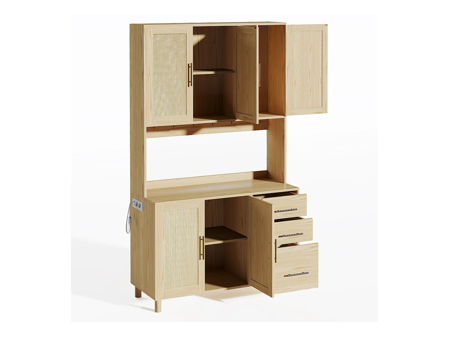 Buffet de cuisine 100x40x183cm - avec USB et prise - avec LED - 5 portes et 3 tiroirs - Naturel