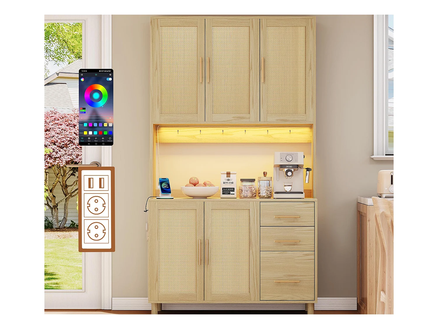 Buffet de cuisine 100x40x183cm - avec USB et prise - avec LED - 5 portes et 3 tiroirs - Naturel