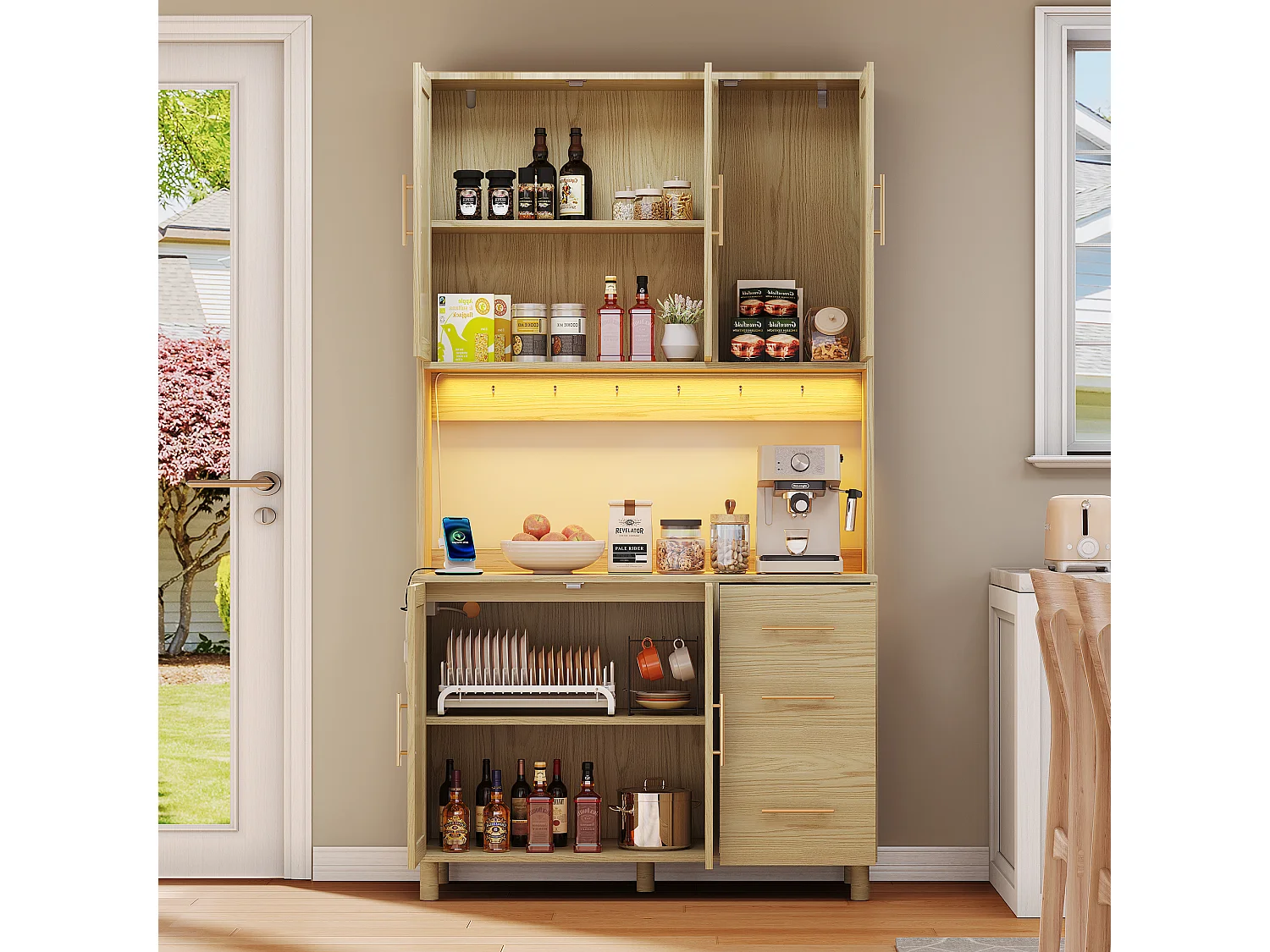 Buffet de cuisine 100x40x183cm - avec USB et prise - avec LED - 5 portes et 3 tiroirs - Naturel