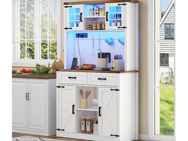 Keukenbuffet 100×40×172 cm - met USB en stopcontact - met LED-verlichting - 4 deuren en 1 la - wit+naturel