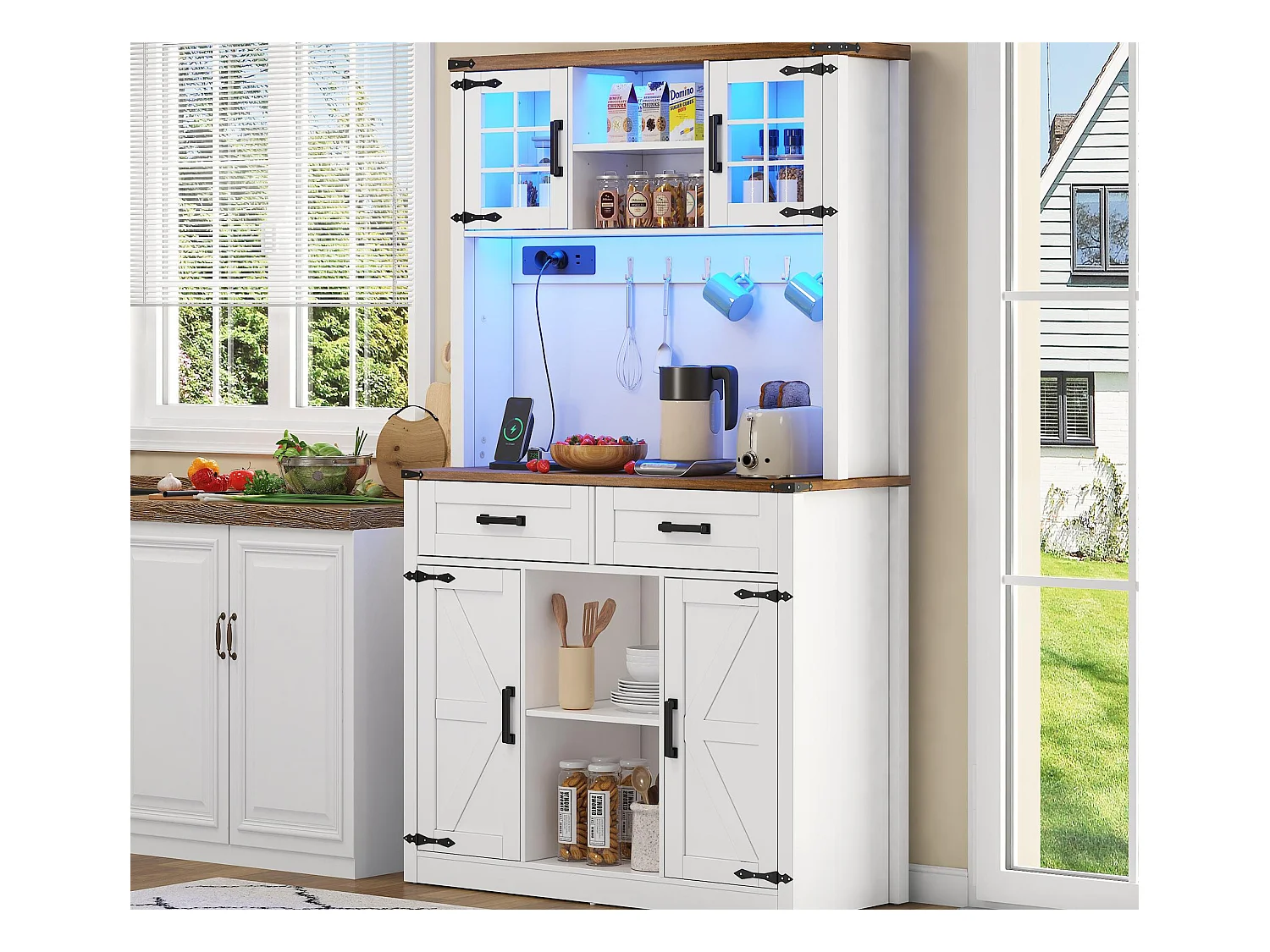 Küchenbuffet 100×40×172 cm - mit USB und Steckdose - mit LED-Beleuchtung - 4 Türen und 1 Schublade - weiß+natur