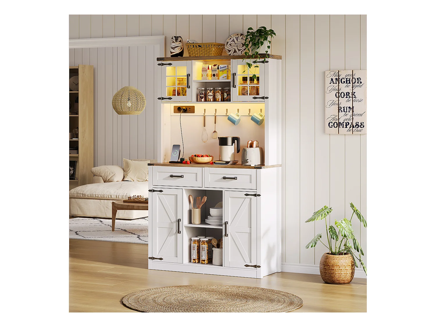Küchenbuffet 100×40×172 cm - mit USB und Steckdose - mit LED-Beleuchtung - 4 Türen und 1 Schublade - weiß+natur