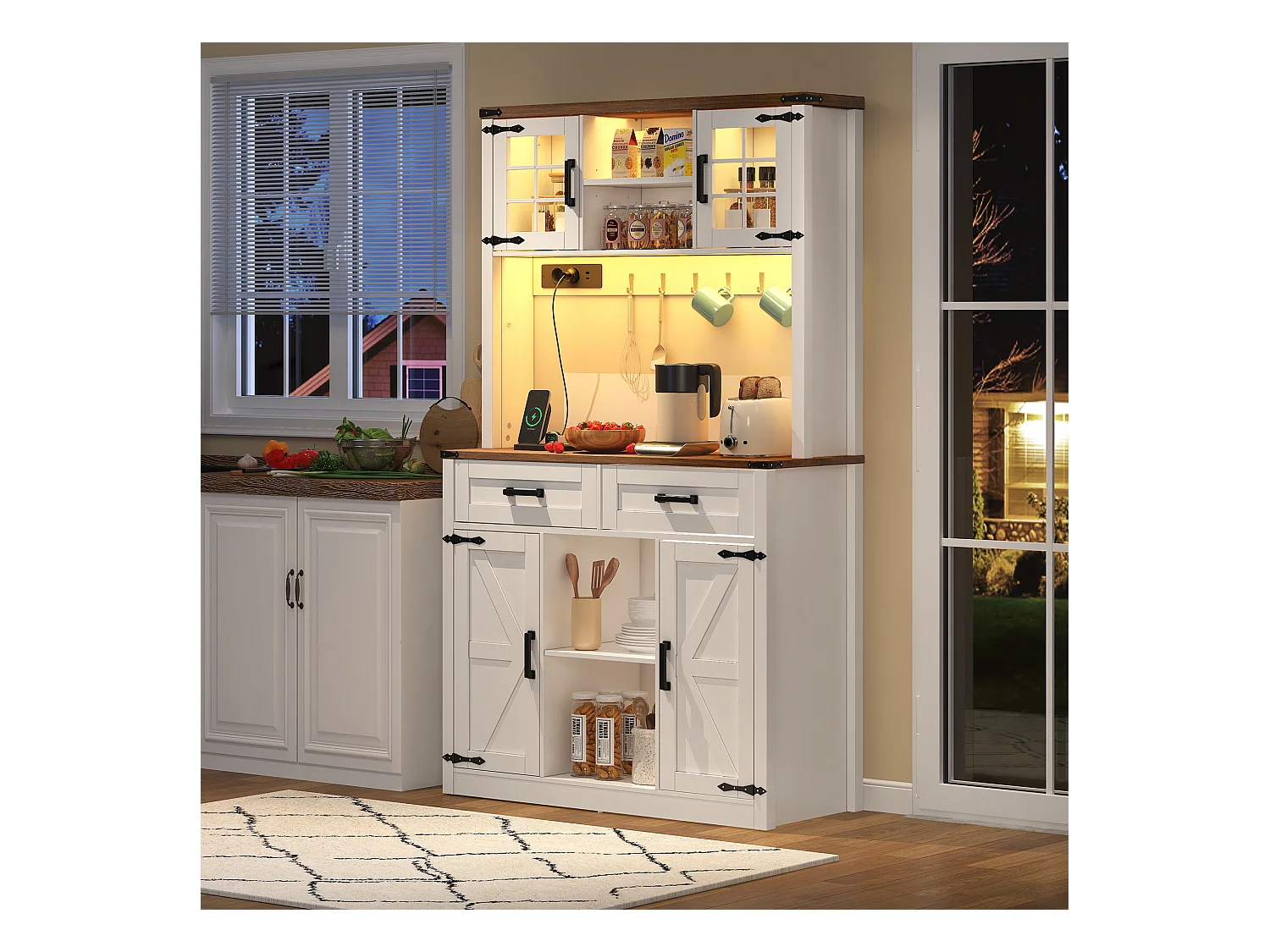 Küchenbuffet 100×40×172 cm - mit USB und Steckdose - mit LED-Beleuchtung - 4 Türen und 1 Schublade - weiß+natur