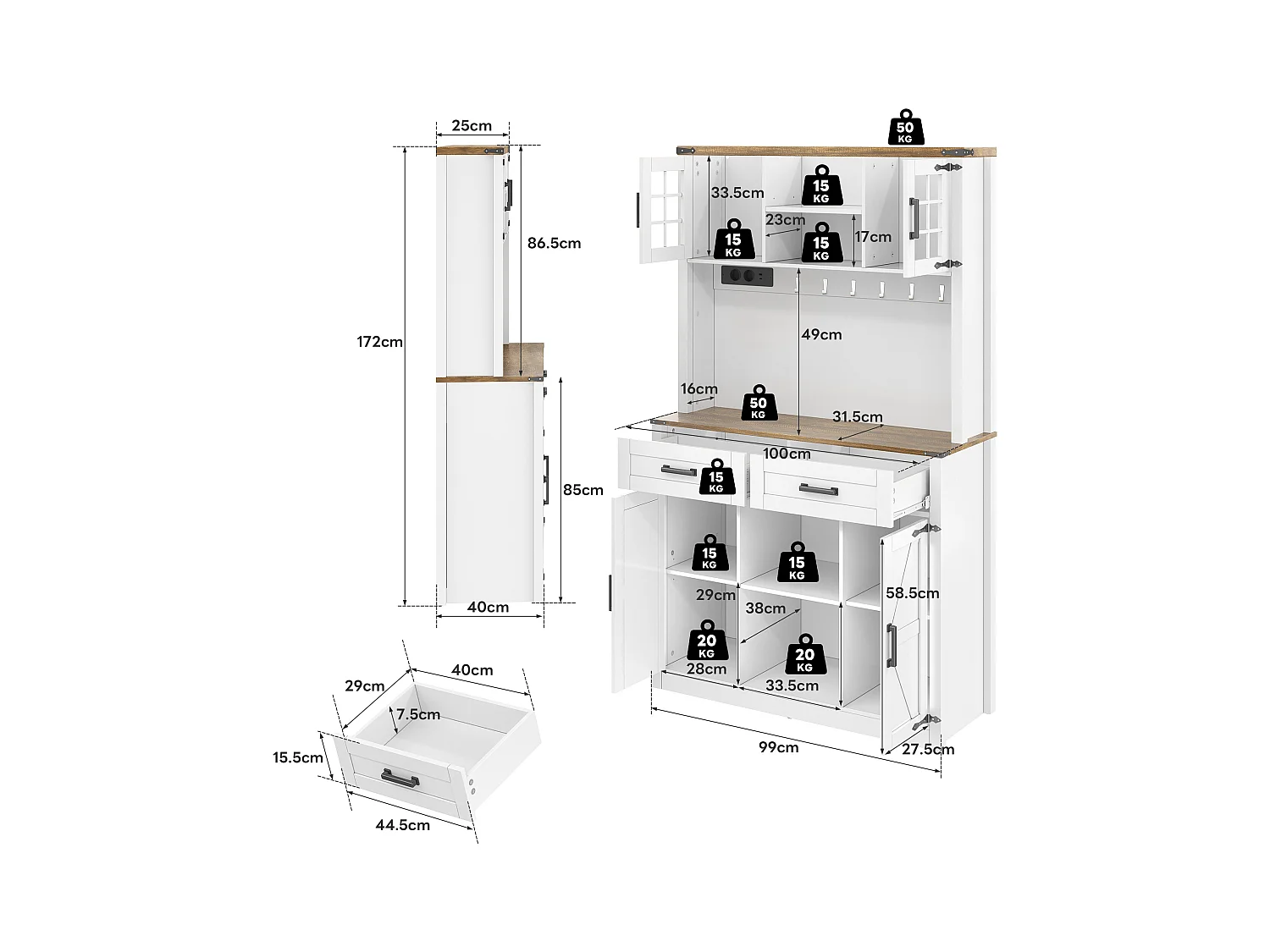 Küchenbuffet 100×40×172 cm - mit USB und Steckdose - mit LED-Beleuchtung - 4 Türen und 1 Schublade - weiß+natur