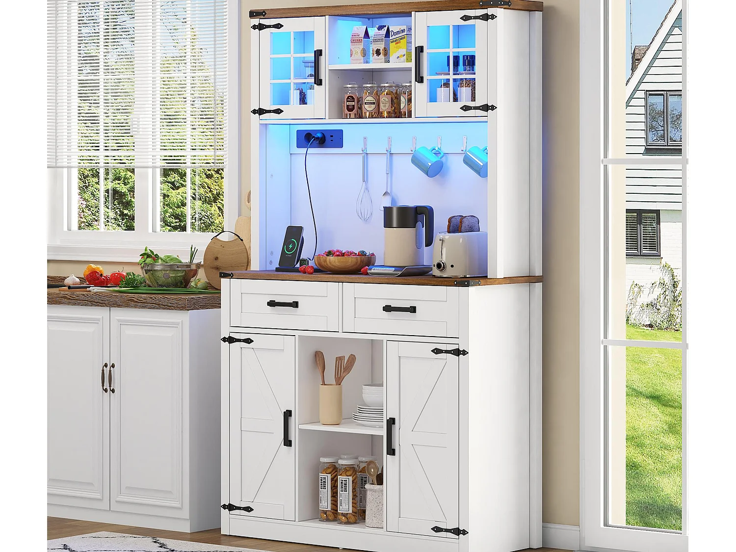 Buffet de cuisine 100x40x172cm - avec USB et prise - avec LED - 4 portes et 1 tiroirs - Blanc+Naturel