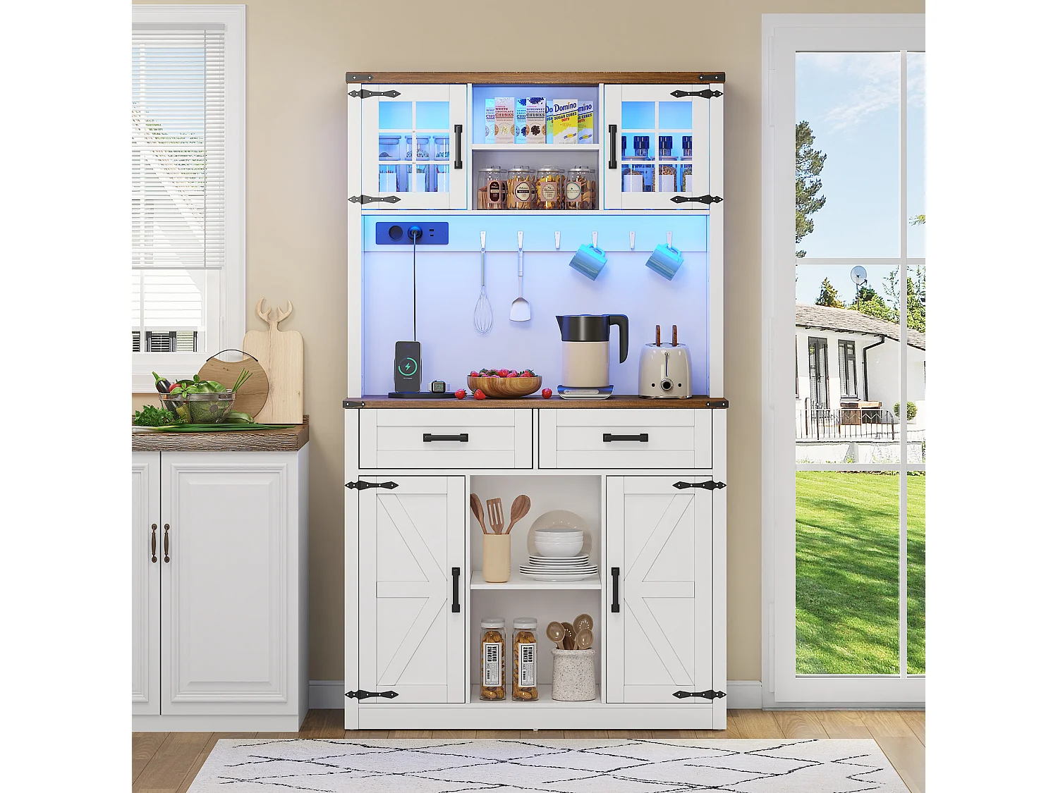 Buffet de cuisine 100x40x172cm - avec USB et prise - avec LED - 4 portes et 1 tiroirs - Blanc+Naturel