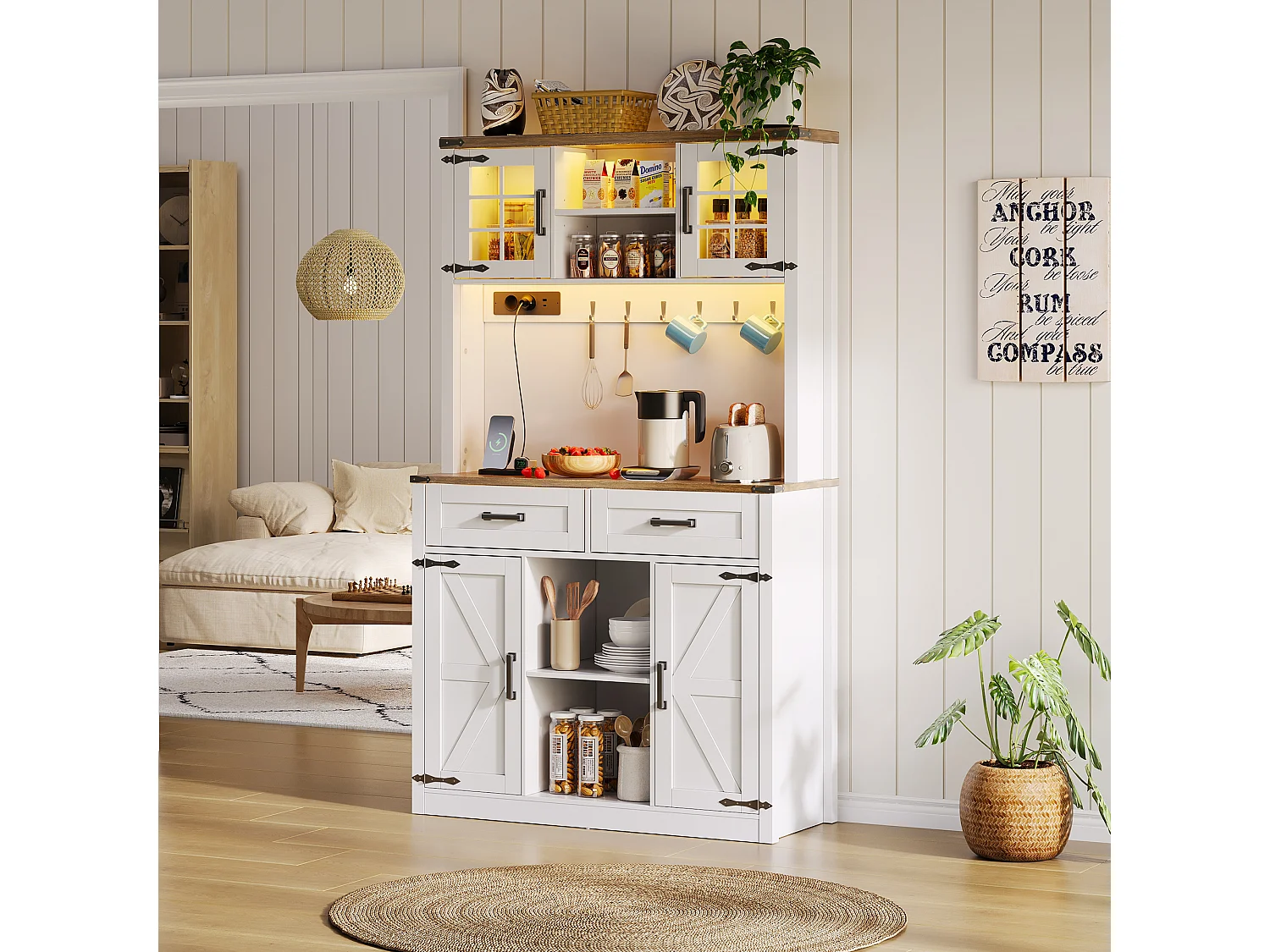 Buffet de cuisine 100x40x172cm - avec USB et prise - avec LED - 4 portes et 1 tiroirs - Blanc+Naturel