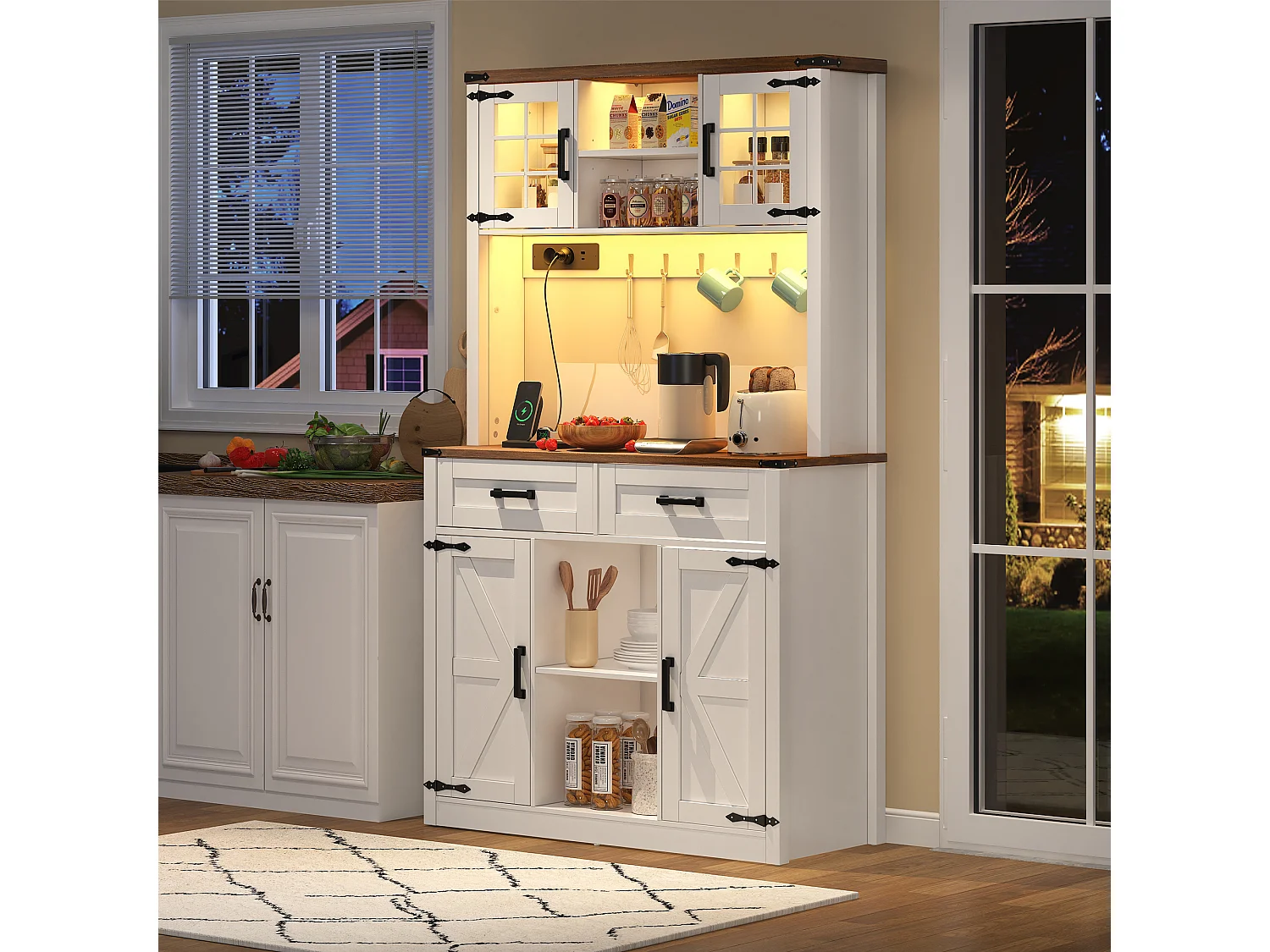 Buffet de cuisine 100x40x172cm - avec USB et prise - avec LED - 4 portes et 1 tiroirs - Blanc+Naturel