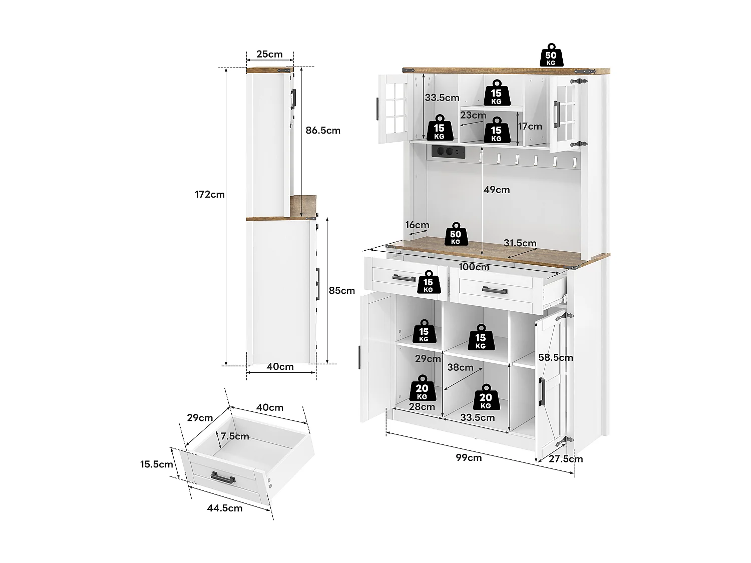 Buffet de cuisine 100x40x172cm - avec USB et prise - avec LED - 4 portes et 1 tiroirs - Blanc+Naturel