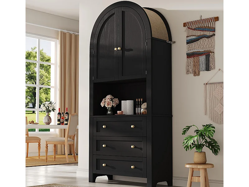 Buffet de cuisine 70x35x180cm - 2 portes et 3 tiroirs - sommet arqué - Noir