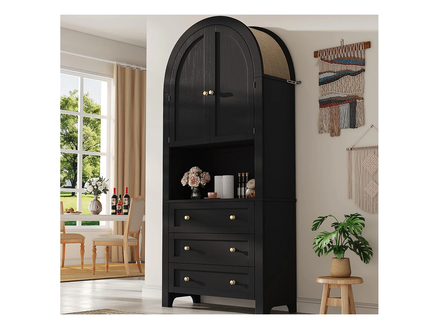 Buffet de cuisine 70x35x180cm - 2 portes et 3 tiroirs - sommet arqué - Noir