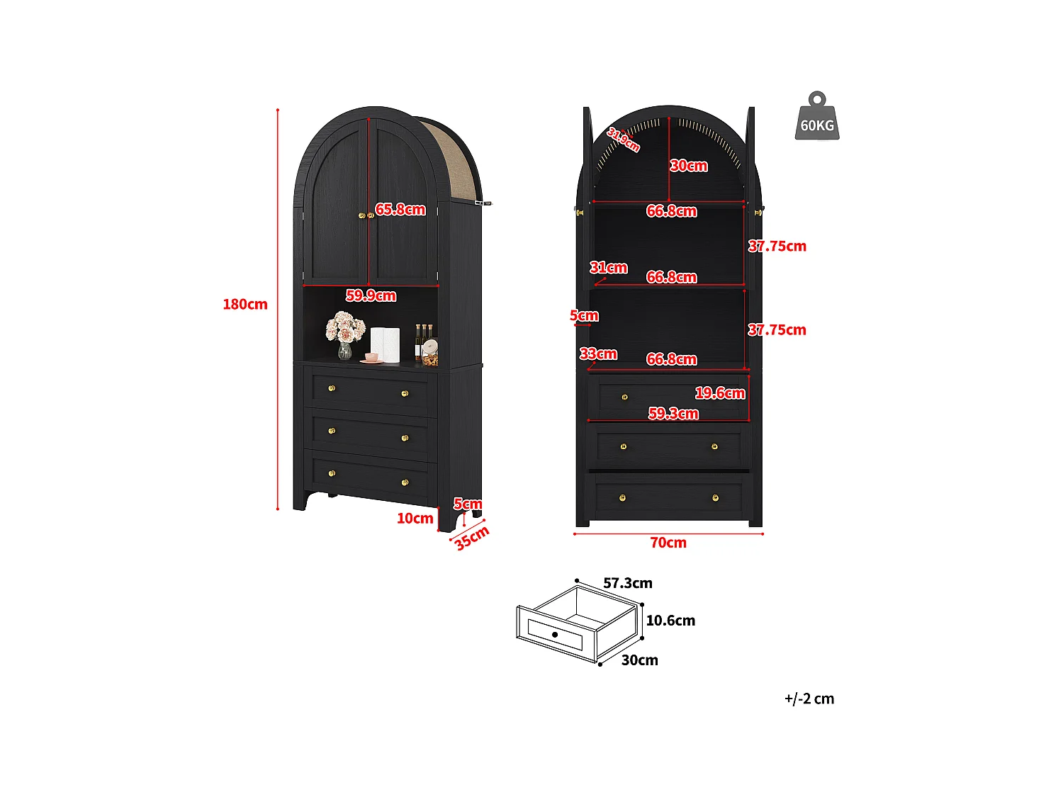 Buffet de cuisine 70x35x180cm - 2 portes et 3 tiroirs - sommet arqué - Noir