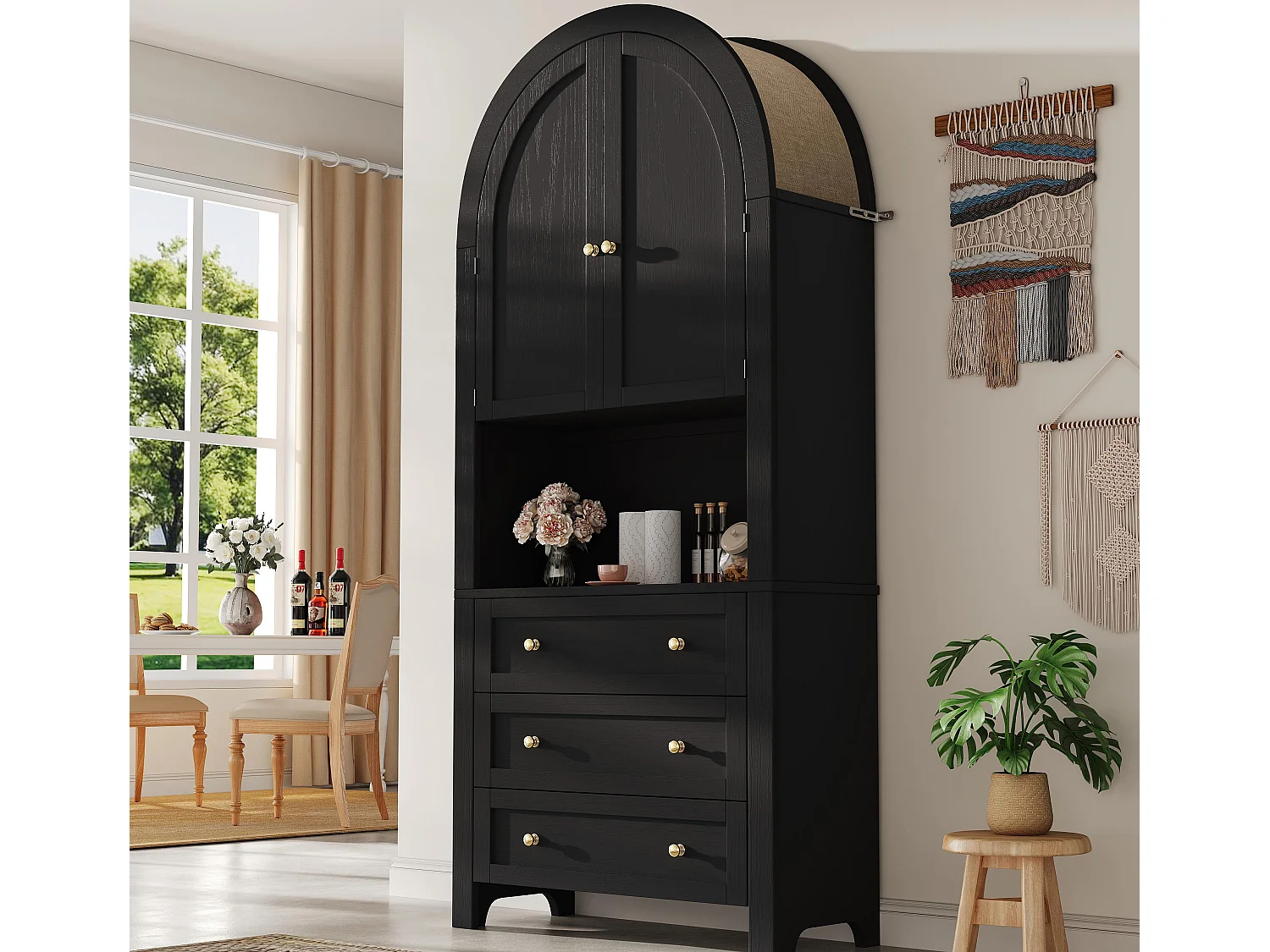 Buffet de cuisine 70x35x180cm - 2 portes et 3 tiroirs - sommet arqué - Noir