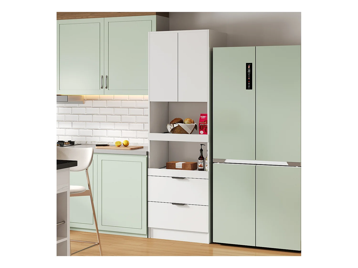 Buffet de cuisine 59.5x45x200cm - 2 portes et 2 tiroirs - Blanc