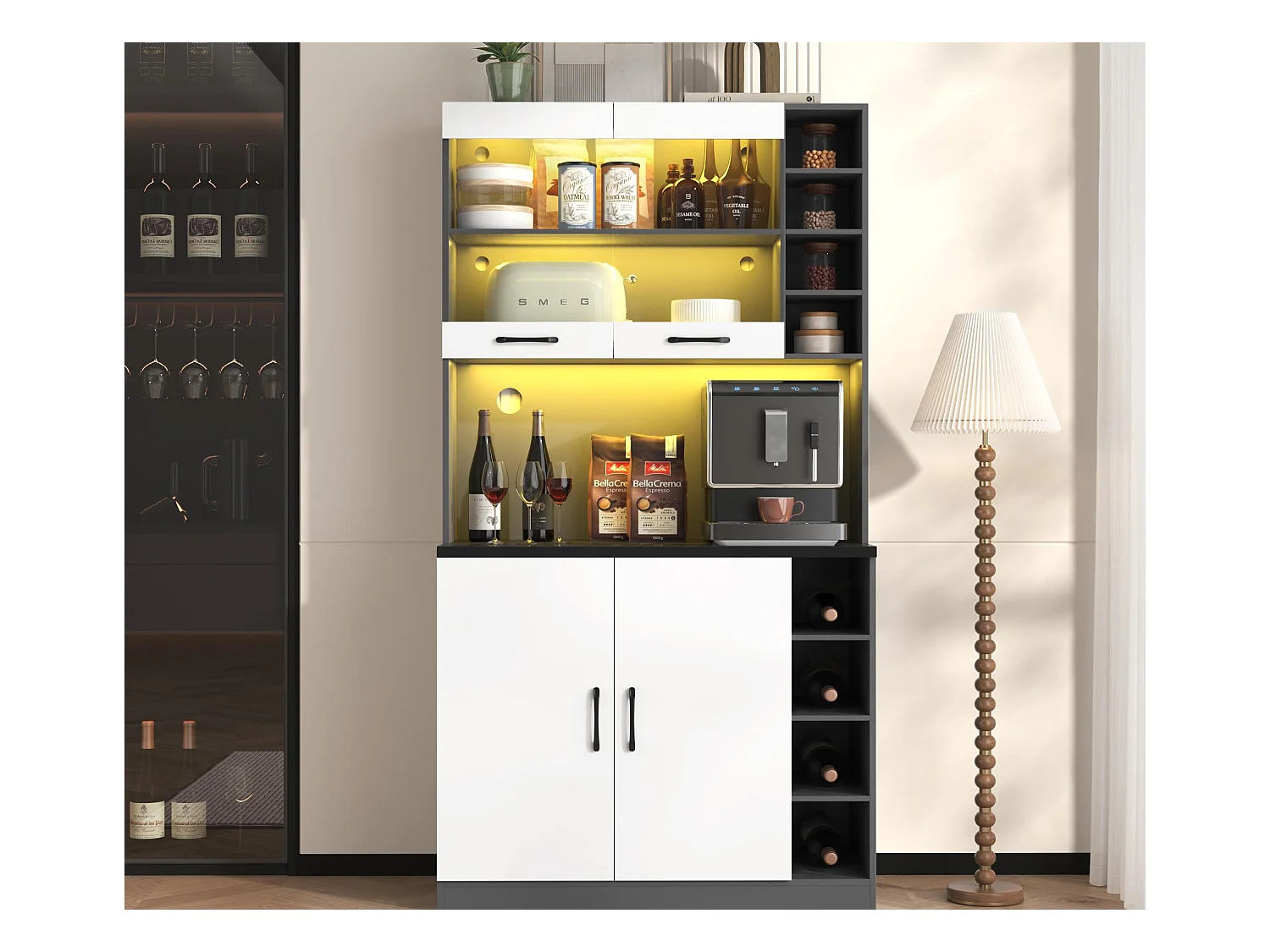 Buffet de cuisine 100x47x187cm - avec LED - 2 portes - Blanc+Noir