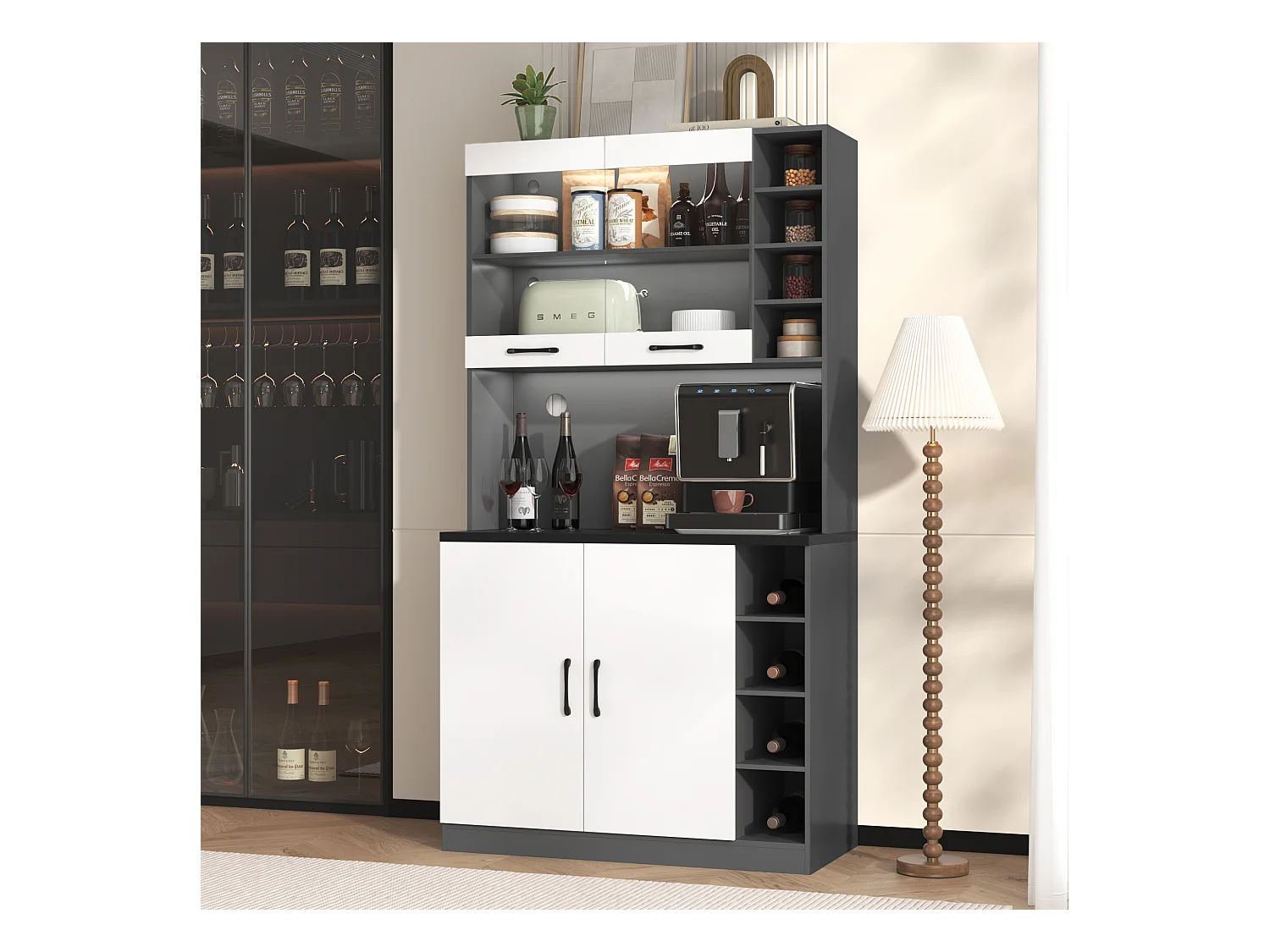 Buffet de cuisine 100x47x187cm - avec LED - 2 portes - Blanc+Noir