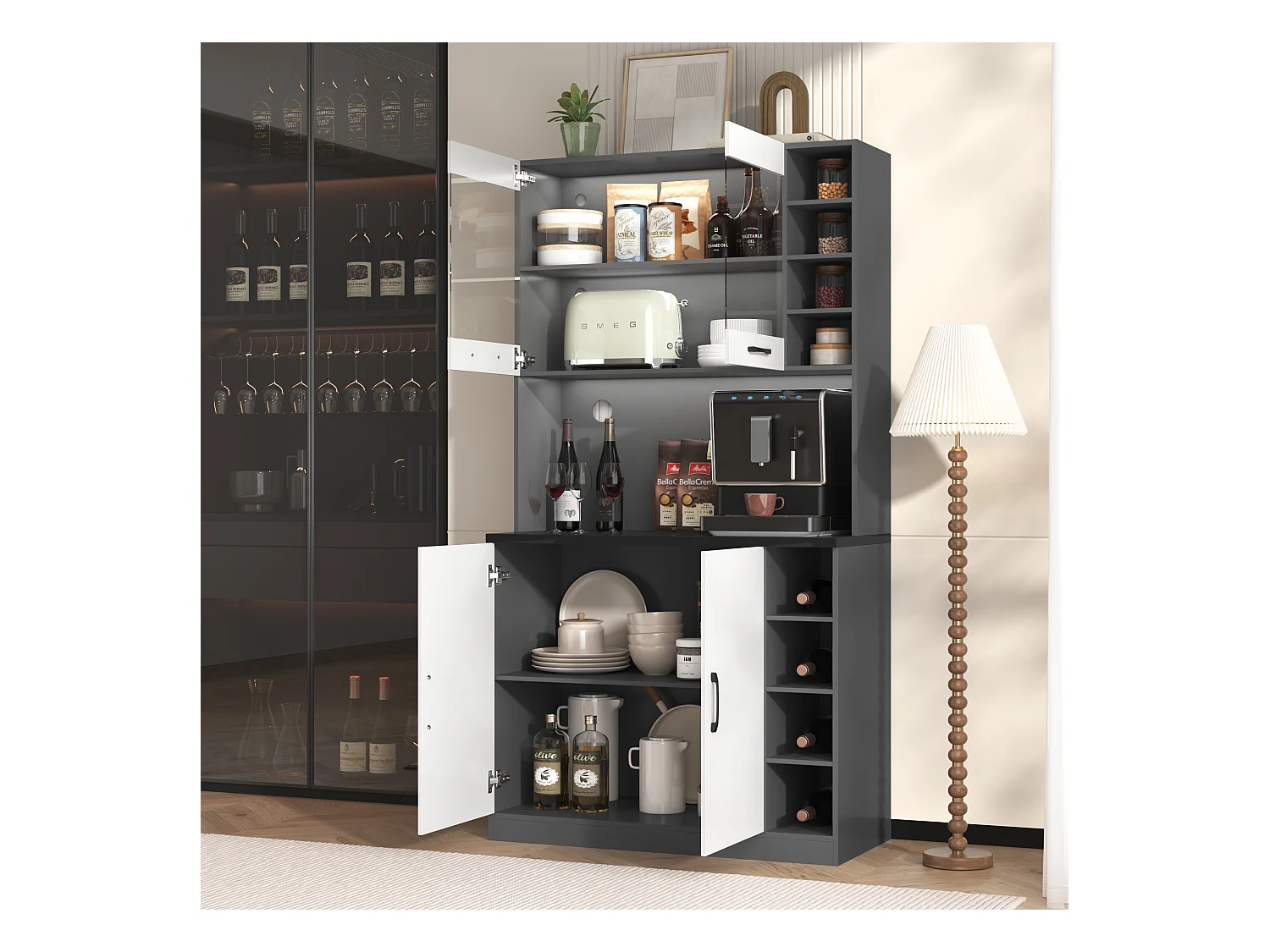 Buffet de cuisine 100x47x187cm - avec LED - 2 portes - Blanc+Noir