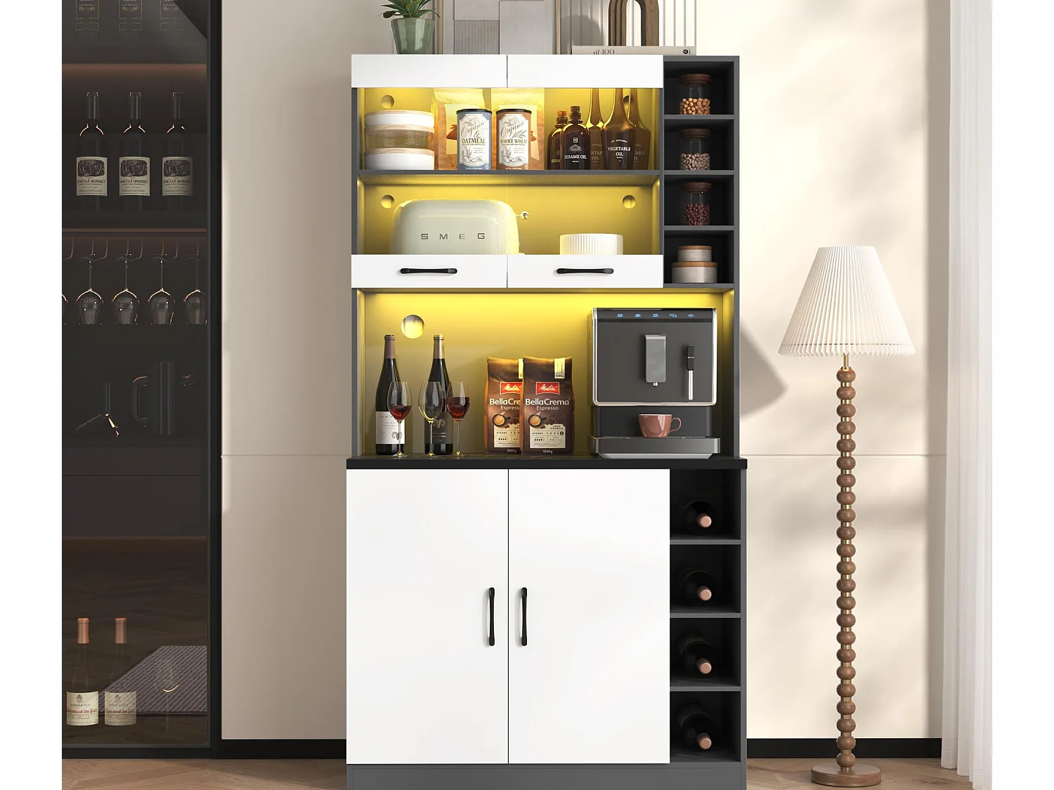 Buffet de cuisine 100x47x187cm - avec LED - 2 portes - Blanc+Noir
