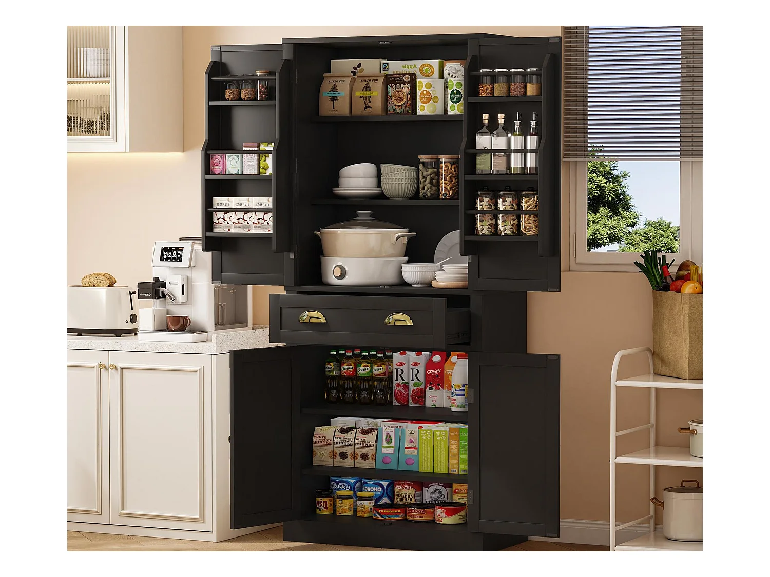 Buffet de cuisine 80x40x182cm - avec 2 portes et 1 tiroir - 2 portes avec étagères - Noir