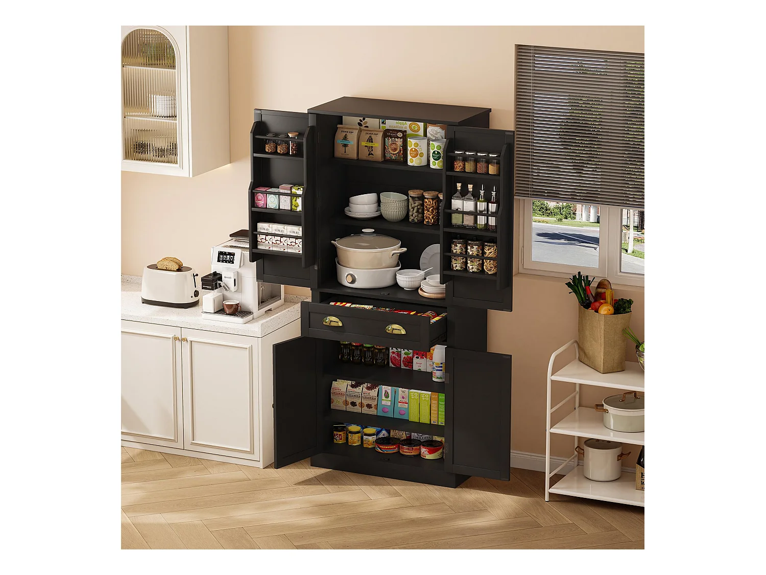 Buffet de cuisine 80x40x182cm - avec 2 portes et 1 tiroir - 2 portes avec étagères - Noir