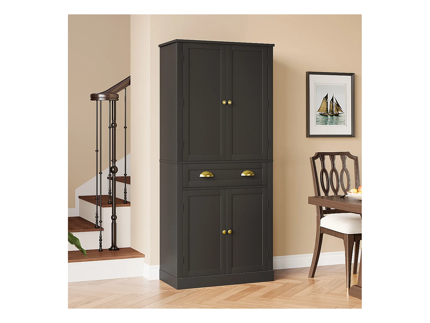 Buffet de cuisine 80x40x182cm - avec 2 portes et 1 tiroir - 2 portes avec étagères - Noir