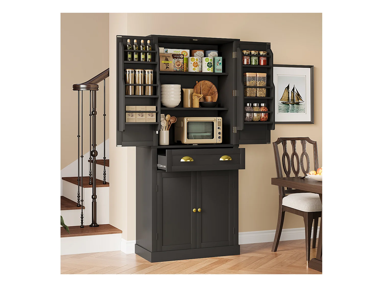 Buffet de cuisine 80x40x182cm - avec 2 portes et 1 tiroir - 2 portes avec étagères - Noir