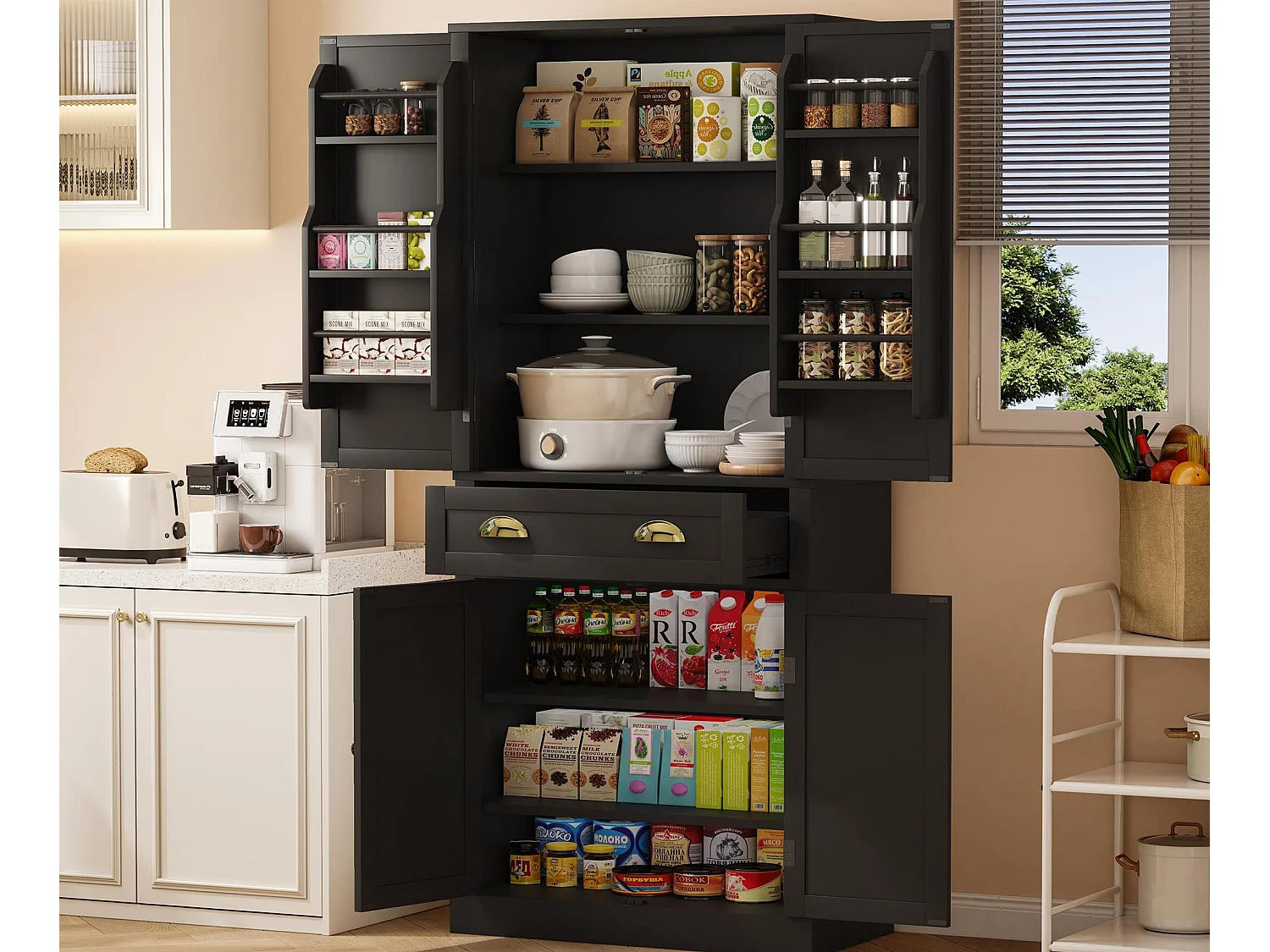 Keukenbuffet 80×40×182 cm - met 2 deuren en 1 la - 2 deuren met schappen - zwart