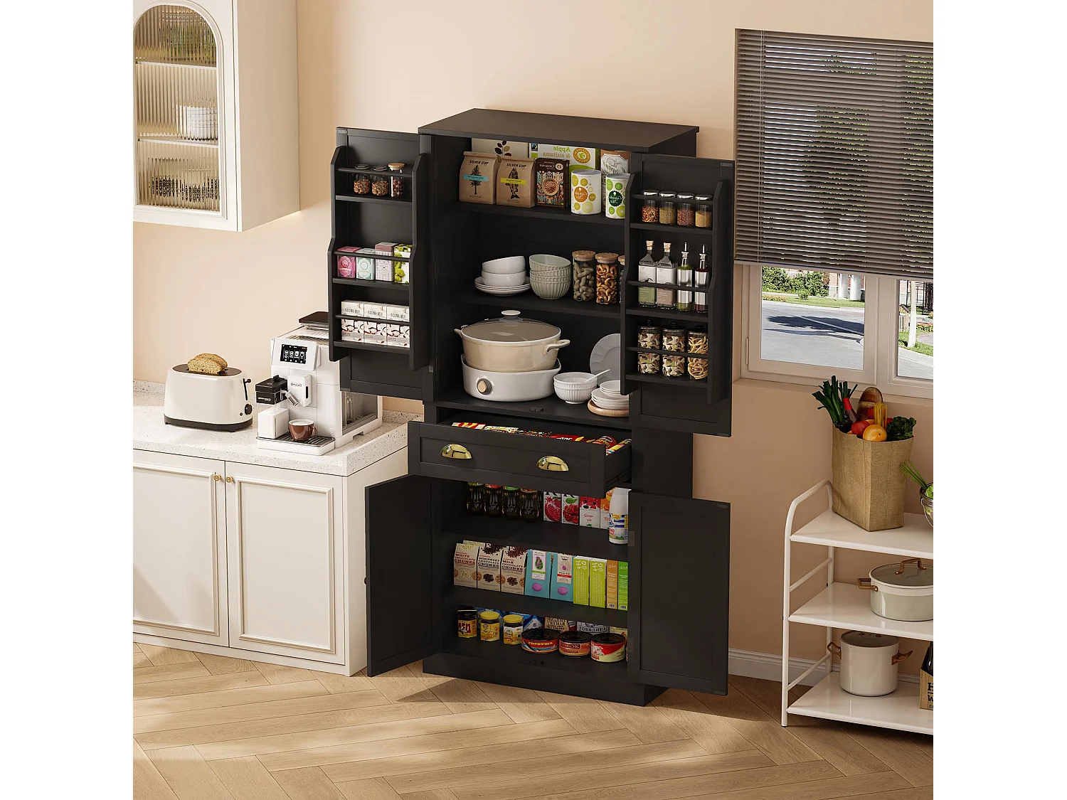 Keukenbuffet 80×40×182 cm - met 2 deuren en 1 la - 2 deuren met schappen - zwart