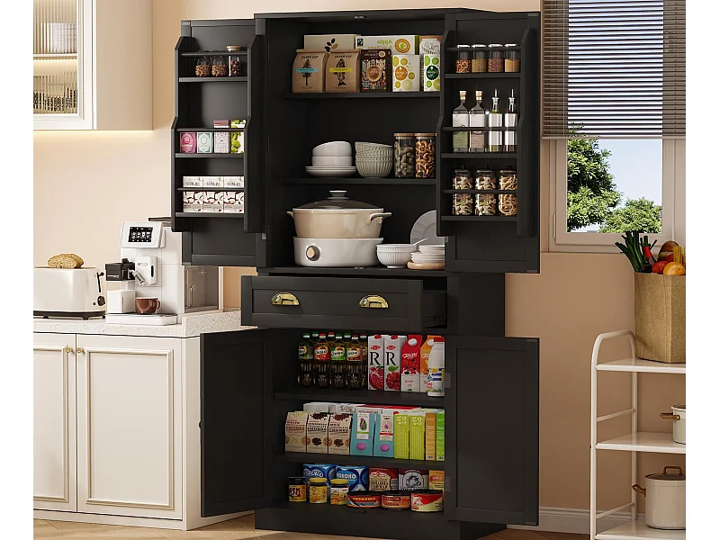 Credenza da cucina 80×40×182 cm - con 2 ante e 1 cassetto - 2 ante con ripiani - nero