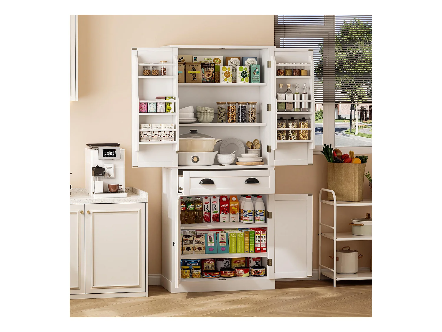 Buffet de cuisine 80x40x182cm - avec 2 portes et 1 tiroir - 2 portes avec étagères - Blanc