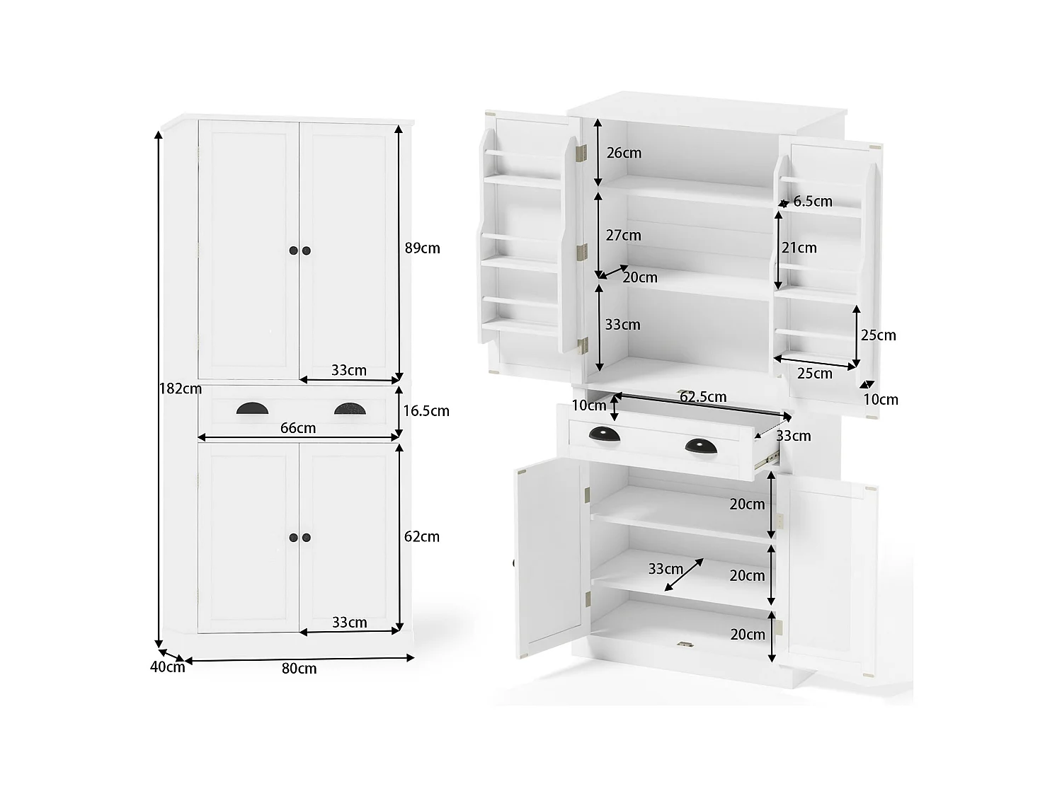 Buffet de cuisine 80x40x182cm - avec 2 portes et 1 tiroir - 2 portes avec étagères - Blanc