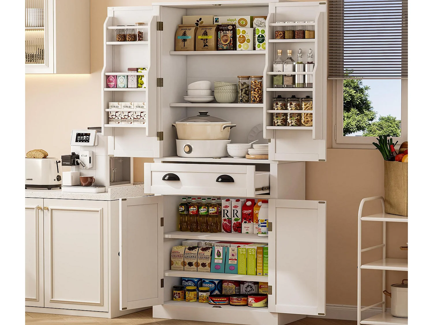 Buffet de cuisine 80x40x182cm - avec 2 portes et 1 tiroir - 2 portes avec étagères - Blanc