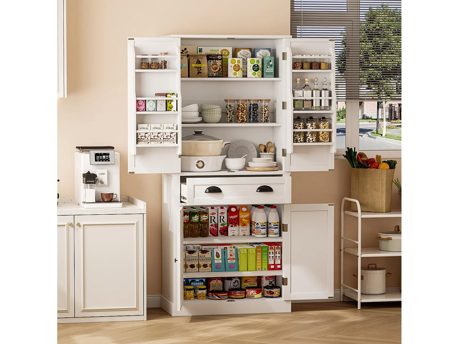 Buffet de cuisine 80x40x182cm - avec 2 portes et 1 tiroir - 2 portes avec étagères - Blanc